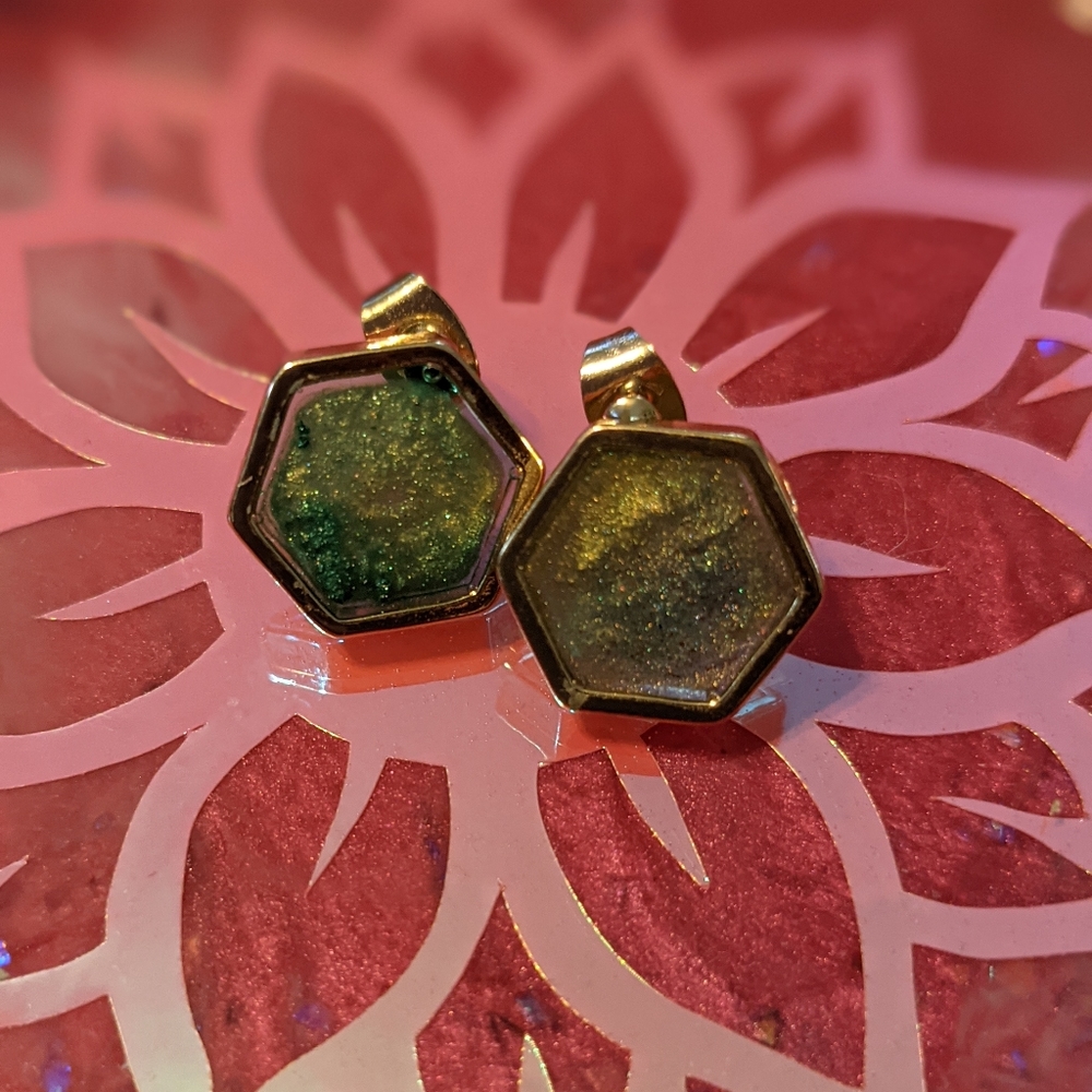 🌞SOLD🌞Hand Crafted Resin Earrings Gold Hexagon Studs Art